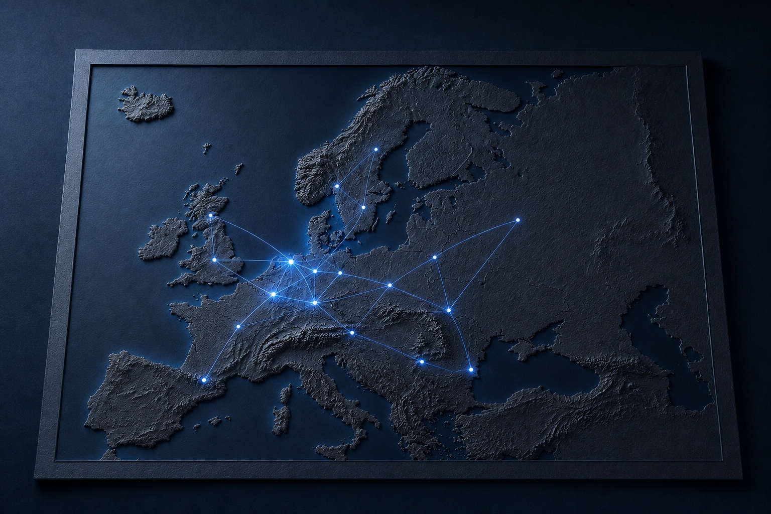 Donkerblauwe visualisatie van een Europees netwerk met België als vertrekpunt